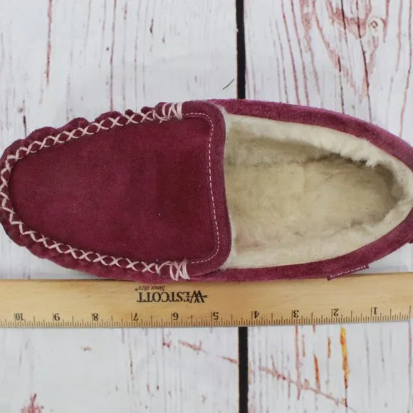 LL Bean Maroon Suede Shearling Lined Wicked Good Venetian Slippers 7 M - Picture 8 of 9